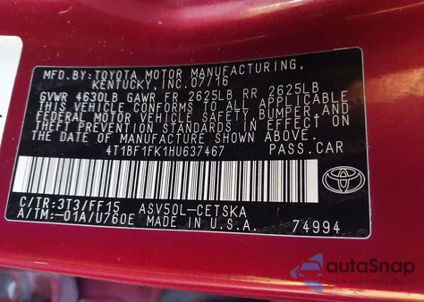 2017 Toyota Camry Se z USA, uszkodzony, nr VIN 4T1BF1FK1HU637467